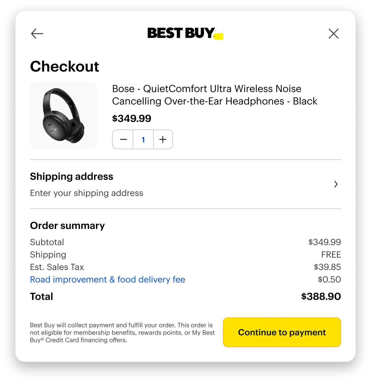 Checkout before a shipping address is entered — the shipping address row reads Enter your shipping address and no delivery date is shown.