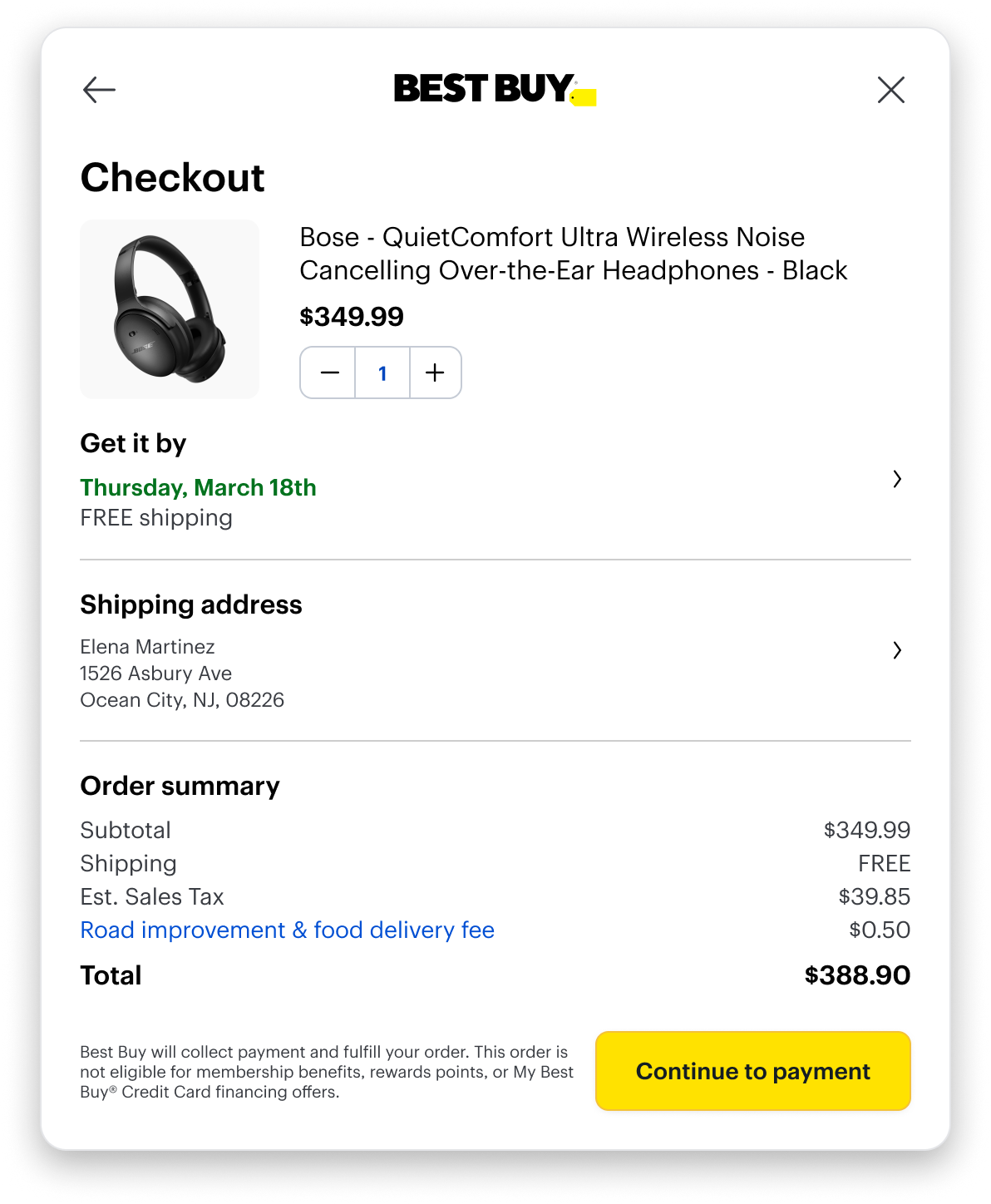 Checkout after the address is entered — a Get it by Thursday, March 18th with free shipping now appears, and the shipping address is filled in.