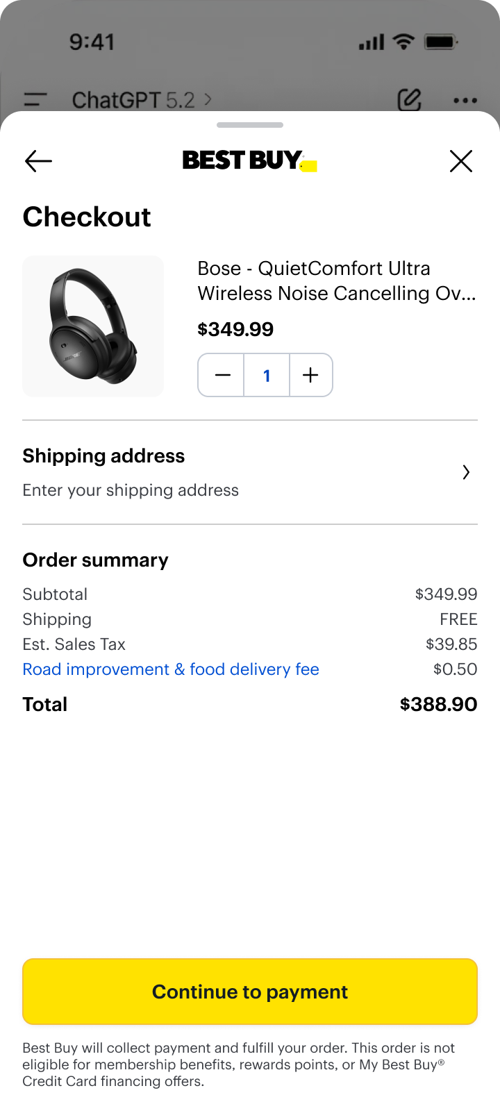 Mobile Best Buy checkout sheet inside ChatGPT.