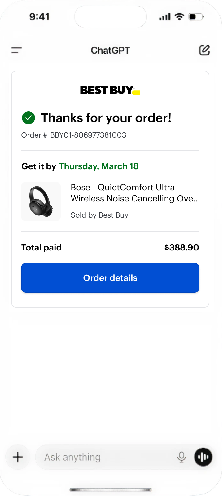 Mobile order confirmation tile inside the ChatGPT conversation — Thanks for your order.