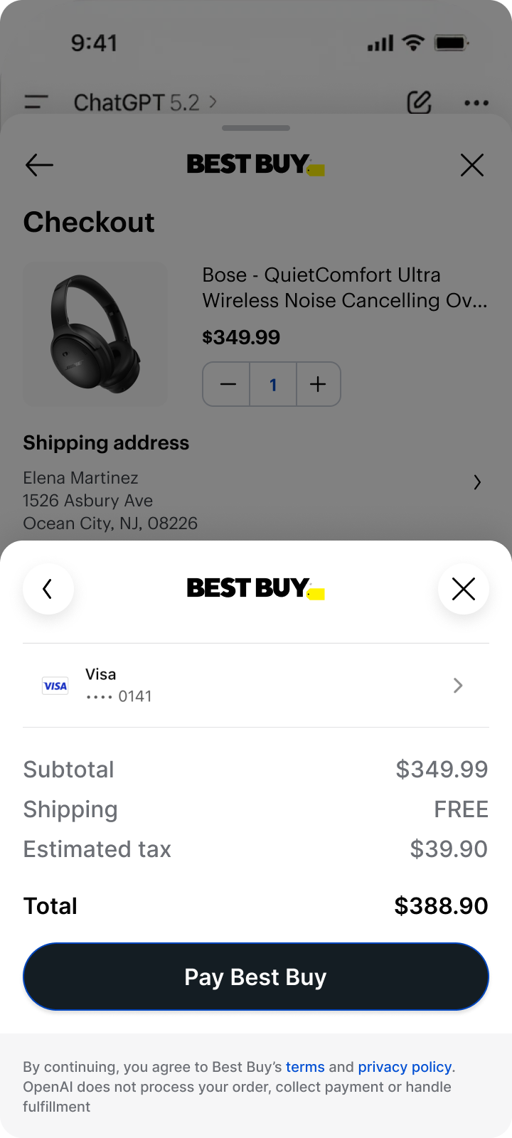 Mobile payment sheet inside ChatGPT — Visa card and Pay Best Buy button.