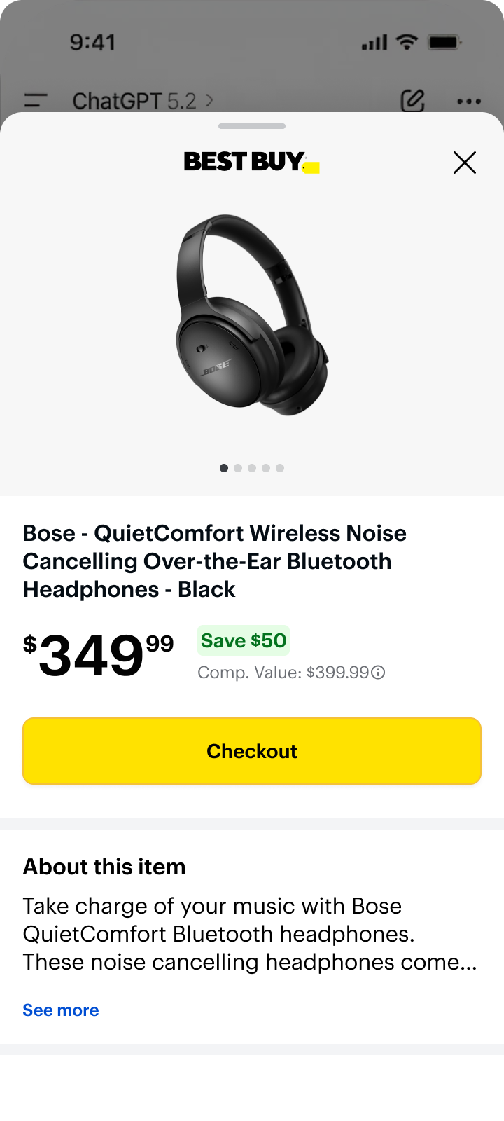 Mobile Best Buy product detail sheet inside ChatGPT.