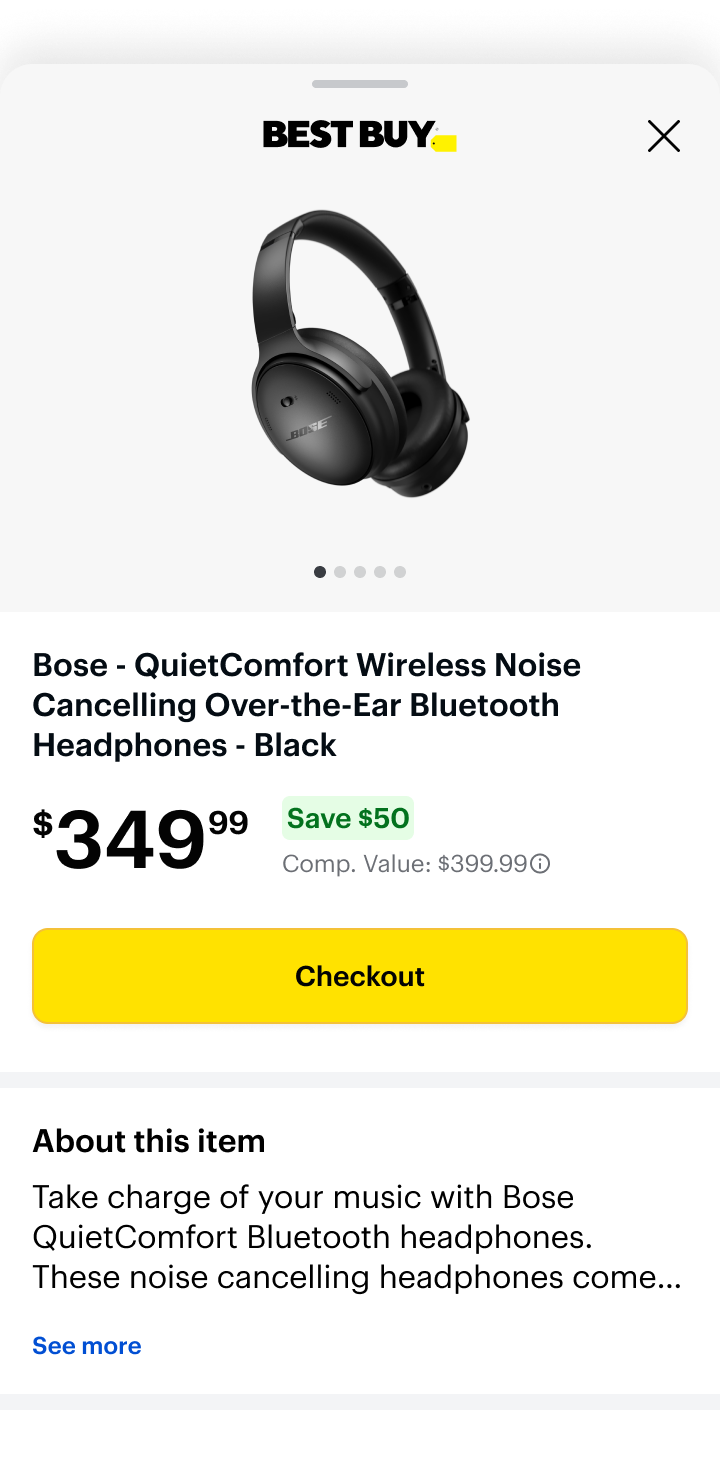 The same product detail page on mobile — a bottom sheet with the product, price, Checkout button, and details.