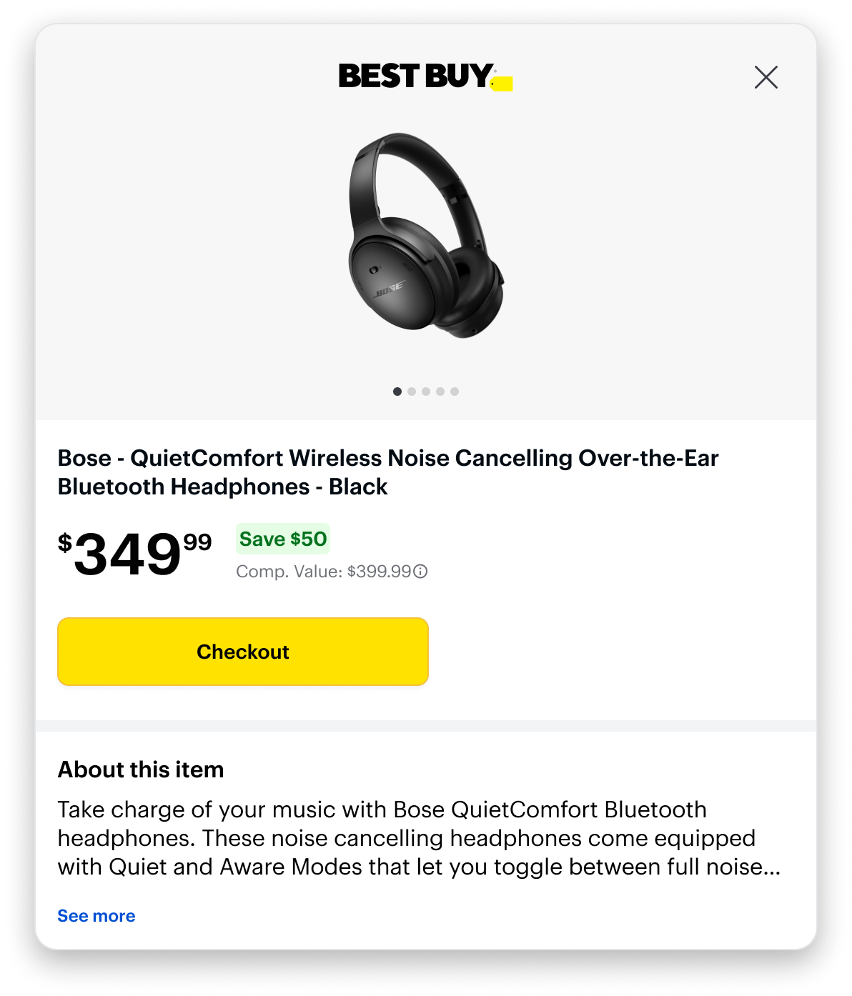 The product detail page on desktop — a Best Buy modal with the product, verified price and savings, a Checkout button, and product details.