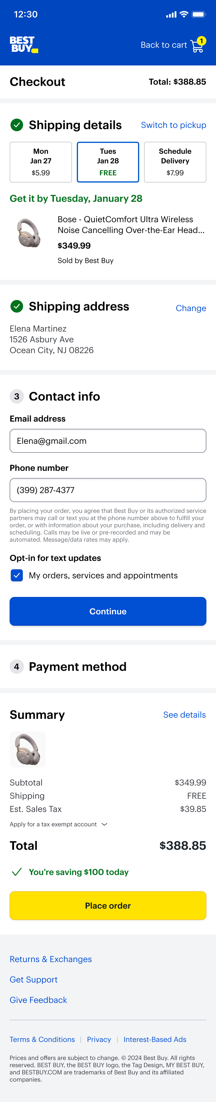 One-page accordion concept, contact active: shipping address has collapsed to a checked summary and contact info is now expanded