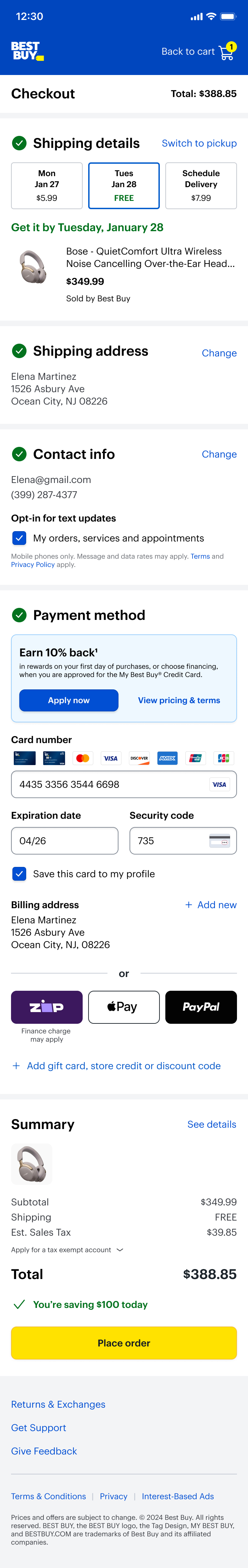 One-page accordion concept, payment active: shipping and contact are collapsed to checked summaries and payment method is expanded