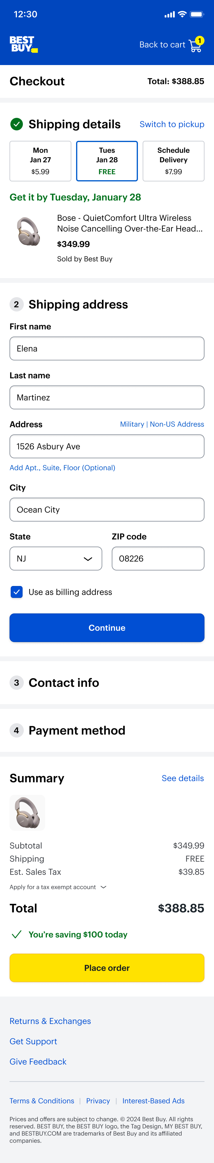 One-page accordion concept, shipping active: the shipping address step is expanded for entry while later steps wait below