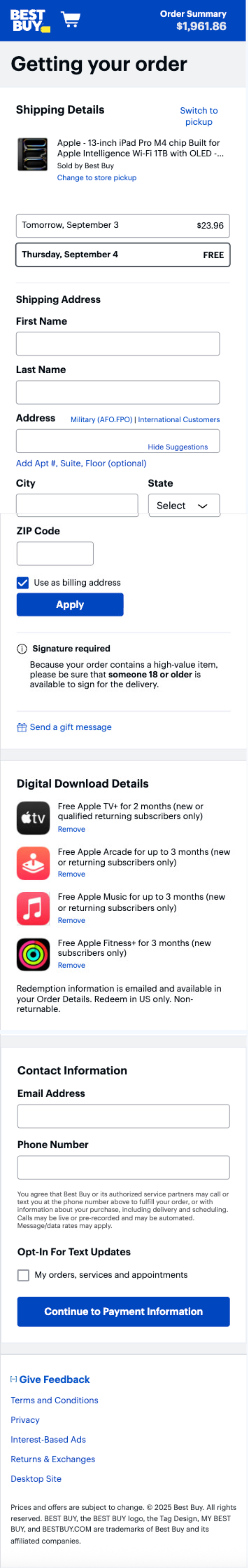 Current checkout, page one: Getting your order — shipping details, address form, digital download details, and contact information on a single long page