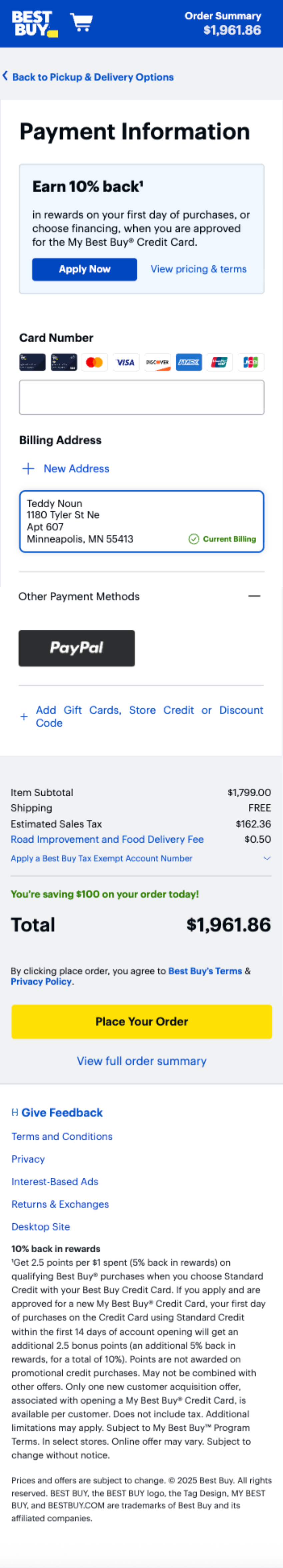 Current checkout, page two: Payment Information — card entry, billing address, other payment methods, order summary, and Place Your Order