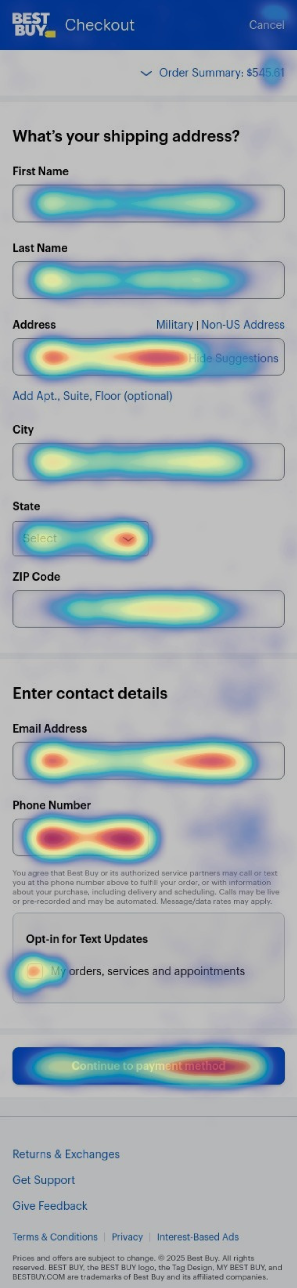 Interaction heatmap of the test fulfillment page showing concentrated activity on the address and phone number fields