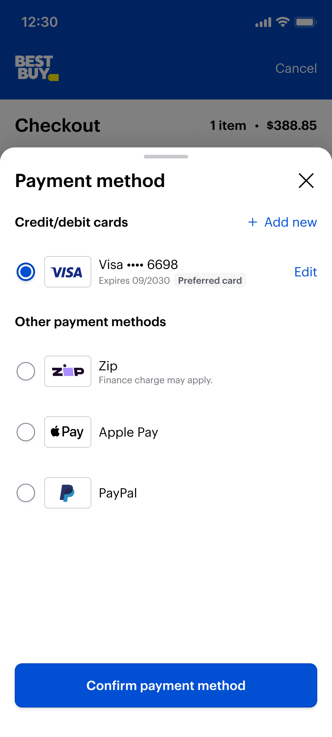 New checkout interaction: a payment method drawer overlay that keeps the dimmed checkout page visible behind it