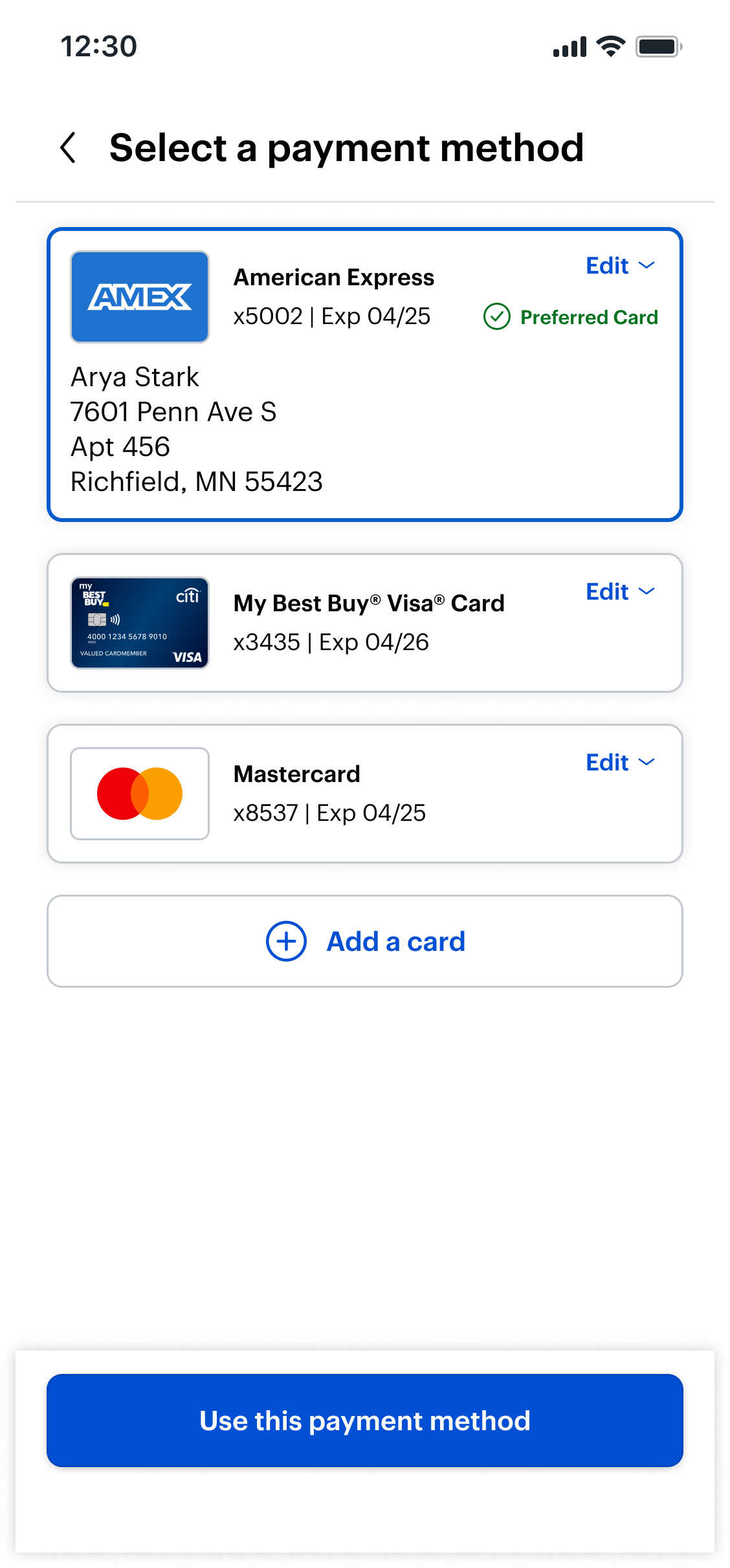 Old checkout interaction: a full-page “Select a payment method” spoke page that takes the customer out of the checkout context