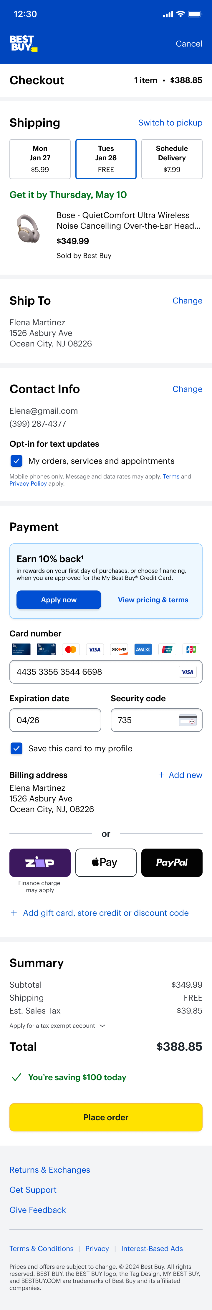 One-page checkout, iteration 1: full mobile screen with shipping, ship to, contact info, and payment sections under a Back to cart header