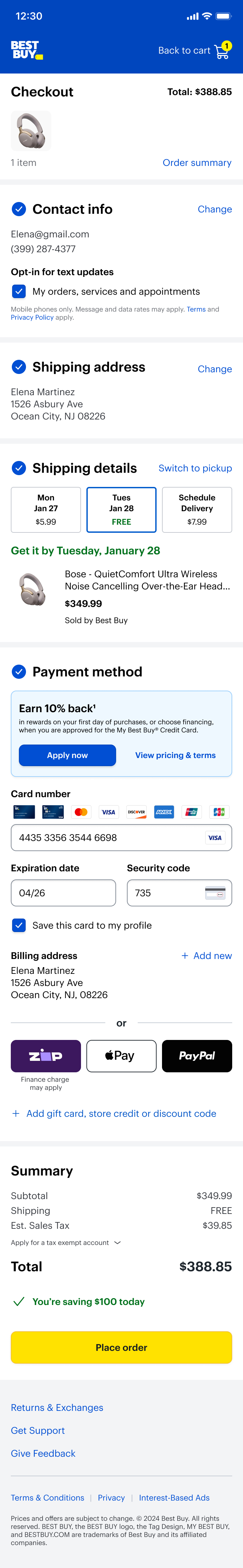 One-page checkout, iteration 3: full mobile screen with contact, shipping, and payment steps completed and checked, ending in an order summary and Place order
