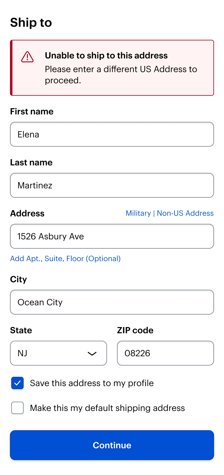 Ship To form showing an ‘unable to ship to this address’ error
