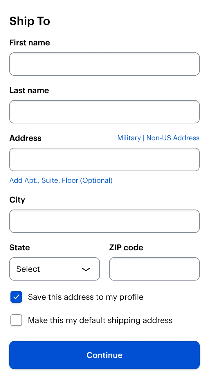 Guest checkout: an empty Ship To form the customer fills in
