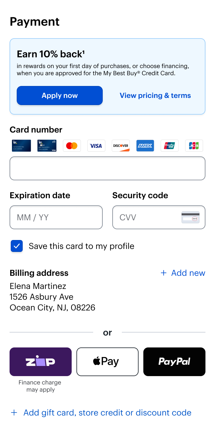 Payment screen showing card entry plus Zip, Apple Pay, and PayPal methods