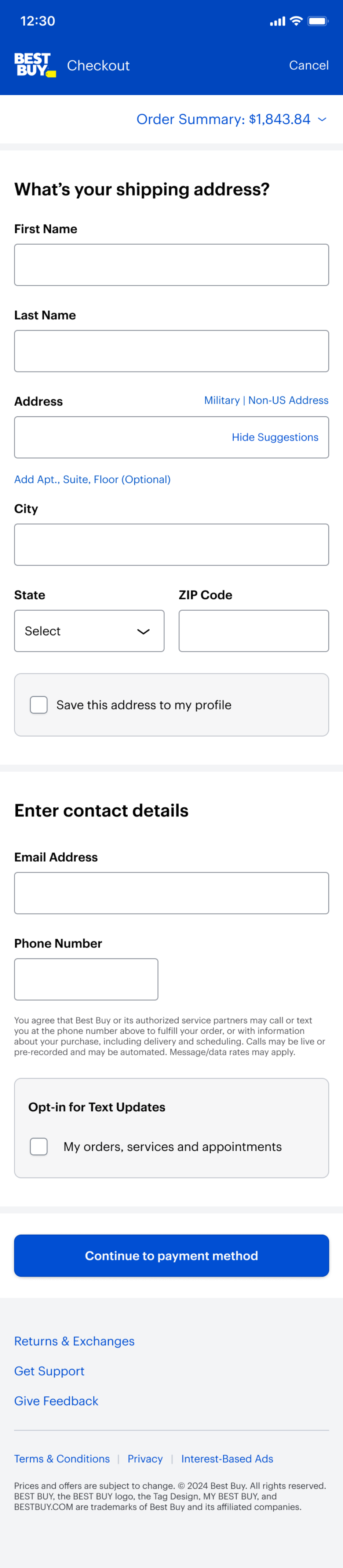 Test checkout, step one: shipping address and contact details