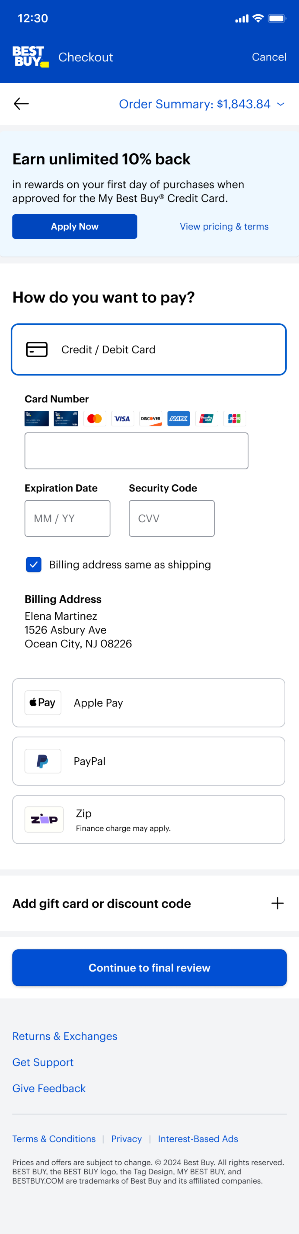 Test checkout, step two: How do you want to pay — credit card selector with inline fields, Apple Pay, PayPal, and Zip