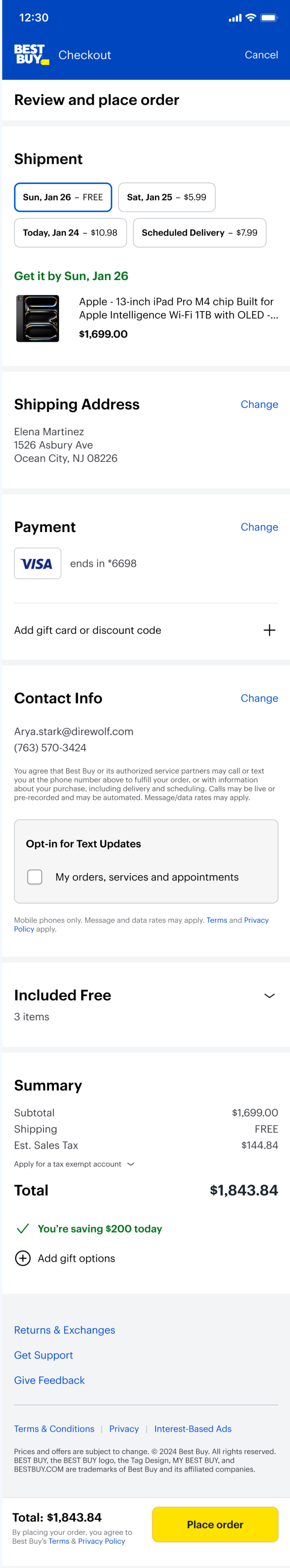 Test checkout, step three: Review and place order — shipment options, address, payment, contact info, and order summary